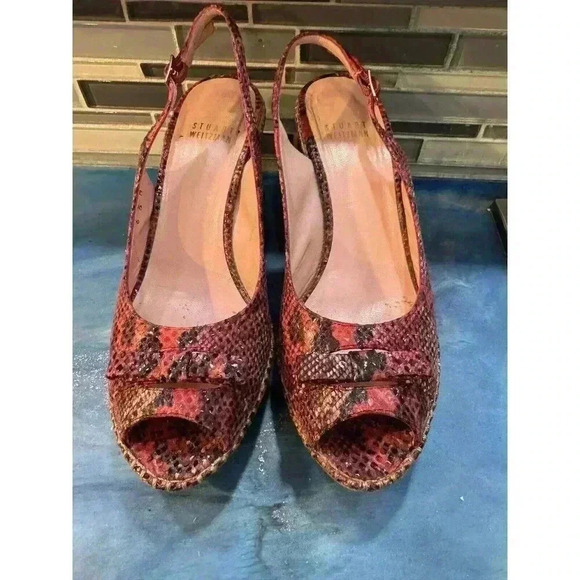 Stuart Weitzman Women’s 6.5 Red Snakeskin Peep Toe Sling Back Cork Wedge Heels - Picture 1 of 11